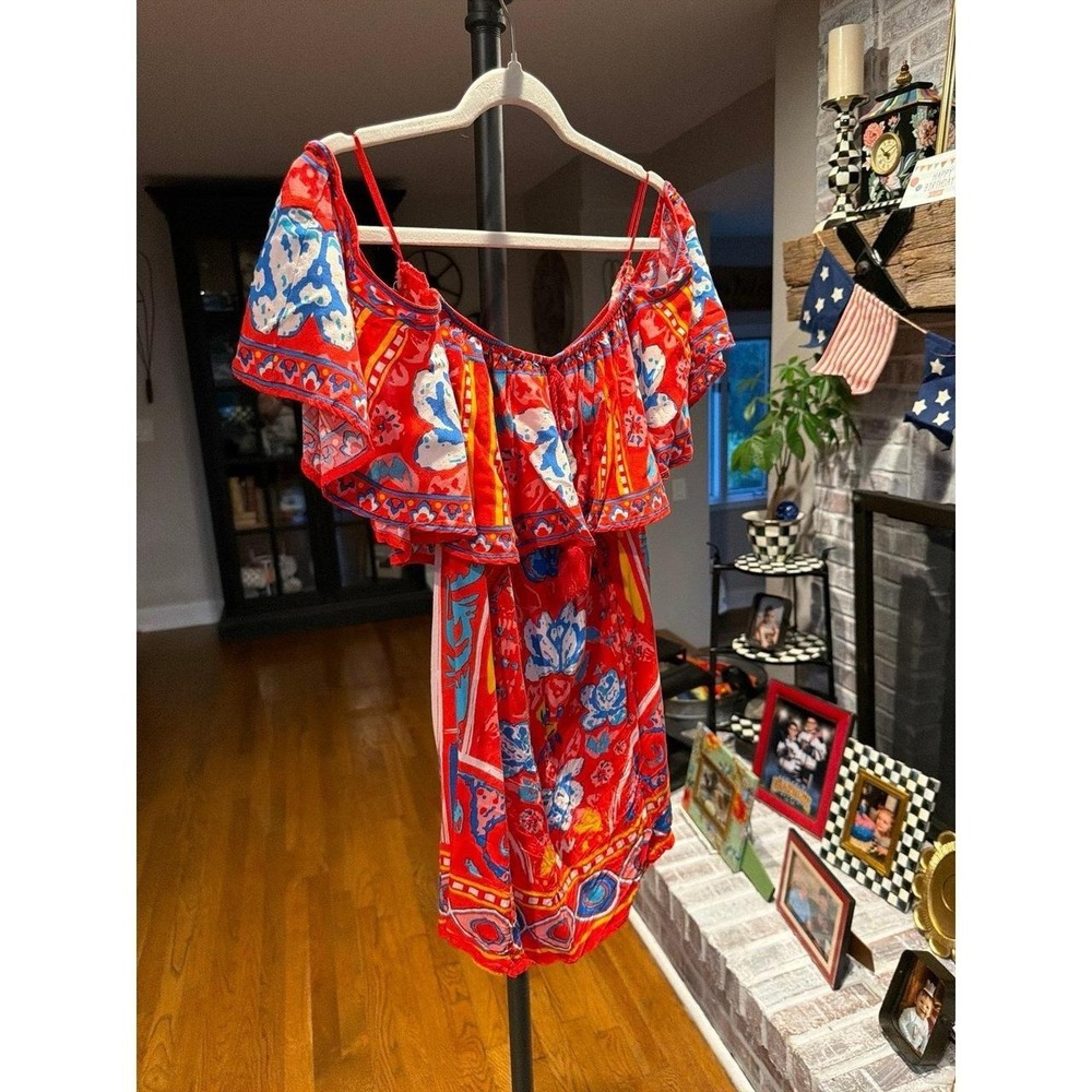 Flying Tomato off-the-shoulder boho shirt red floral women's small